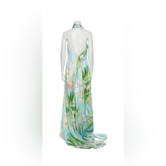 Carolina Herrera 100% Silk Floral Halter Maxi Dress in Light Blue and Green - Picture 3 of 5